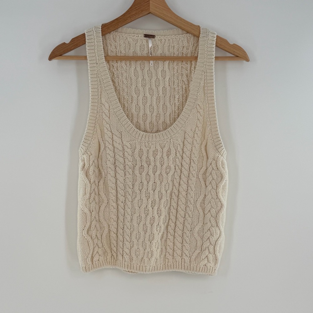 Free People Women's High Tide Cable Tank Cream Natural 100% Cotton Size Small